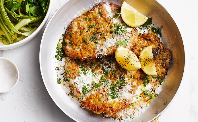 Veal cotoletta with asparagus and preserved lemon