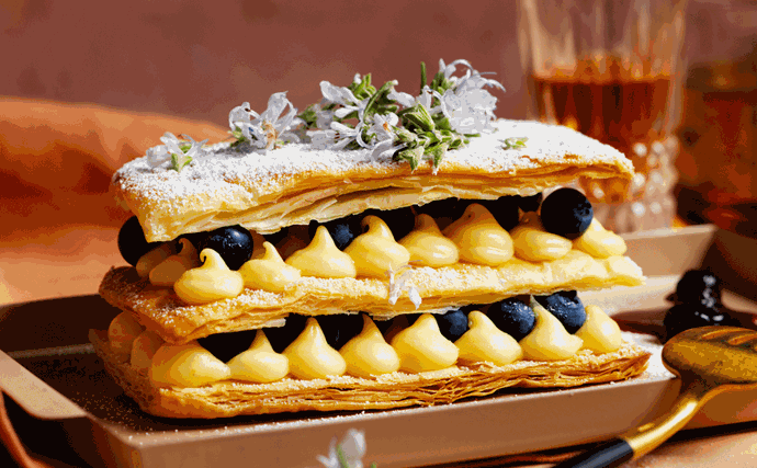 Milleufeuille with layers of crème pâtissière and blueberries and a glass of sweet vermouth in the background.