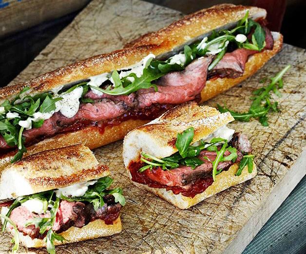 Rare roast beef baguettes with roast tomato and currant chutney