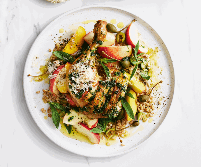 Charred chicken Maryland served on pearl barley salad with nectarine slices and topped with parmesan on a white plate.