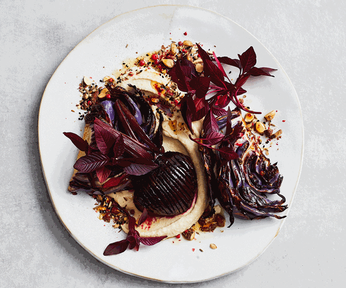 Hasselback beetroot with cabbage and dukkah