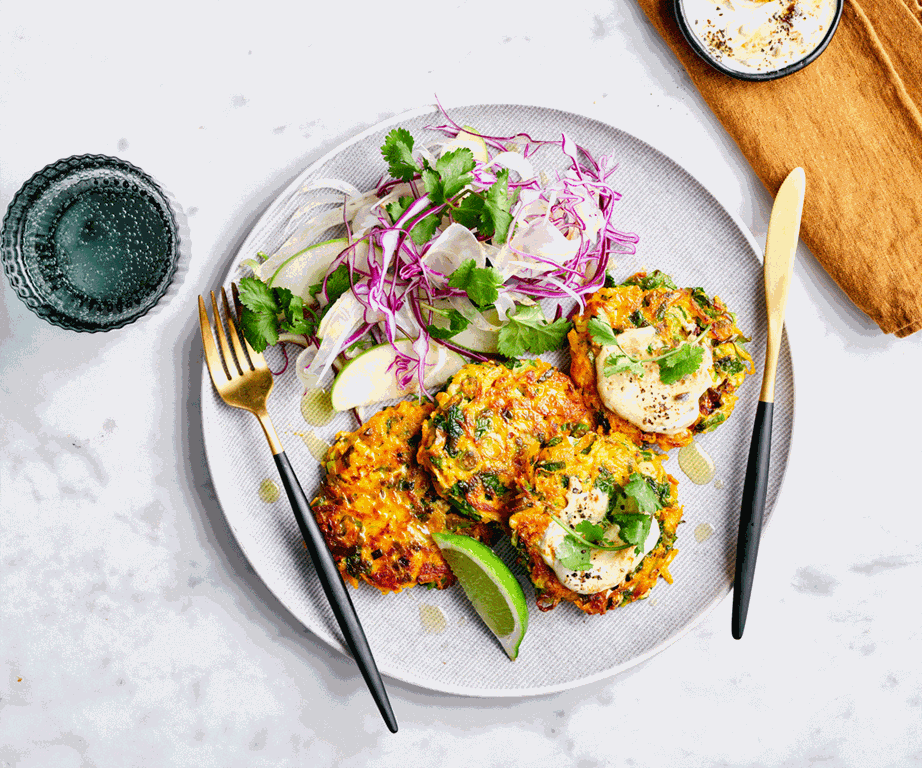 **[Carrot and chilli fritters with eggplant pickle and yoghurt](https://www.gourmettraveller.com.au/recipes/fast-recipes/carrot-and-chilli-fritters-with-eggplant-pickle-and-yoghurt-20105|target="_blank"|rel="nofollow")**