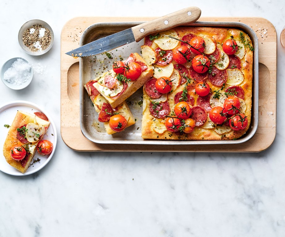 **[Blistered tomato, potato and truffle salami breakfast bread](https://www.gourmettraveller.com.au/recipes/fast-recipes/blistered-tomato-potato-and-truffle-salami-breakfast-bread-20313|target="_blank"|rel="nofollow")**