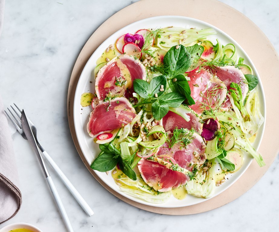 **[Seared tuna with baby spring greens](https://www.gourmettraveller.com.au/recipes/fast-recipes/seared-tuna-with-baby-spring-greens-20318|target="_blank"|rel="nofollow")**