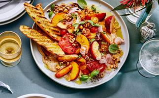 Heirloom tomatoes and peaches with white bean and hazelnut tarator