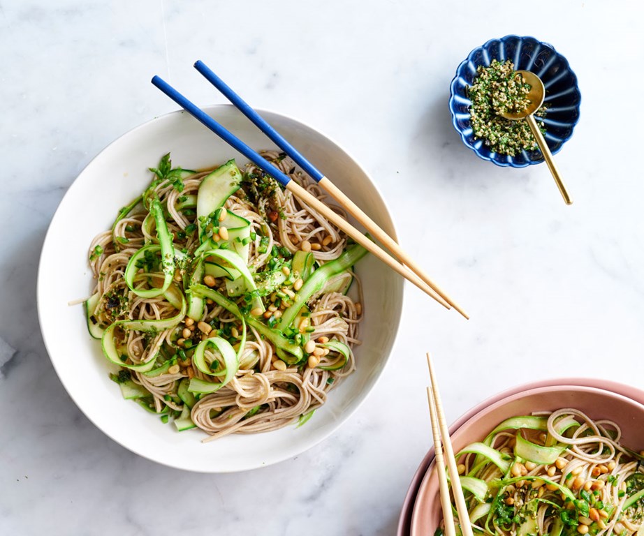 **[Asparagus and soba noodle salad with furikake pine nuts](https://www.gourmettraveller.com.au/recipes/browse-all/asparagus-and-soba-noodle-salad-20619|target="_blank"|rel="nofollow")**
