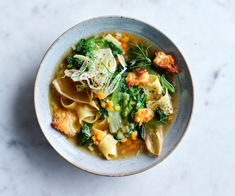 **[Torn pasta soup with fennel and parmesan croutons](https://www.gourmettraveller.com.au/recipes/fast-recipes/pasta-soup-20883|target="_blank"|rel="nofollow")**