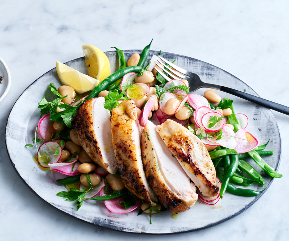 **[Lemon chicken with bean and radish salad](https://www.gourmettraveller.com.au/recipes/browse-all/lemon-chicken-bean-radish-salad-20950|target="_blank"|rel="nofollow")**