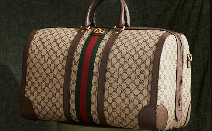 Gucci Savoy Large Duffel Bag with Gucci patterned canvas and classic Gucci green and red