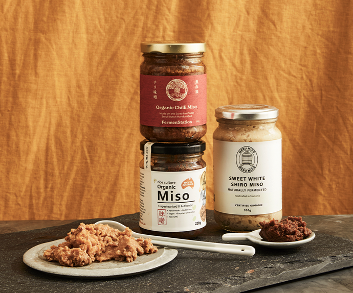 Miso paste jars and miso pastes on plates