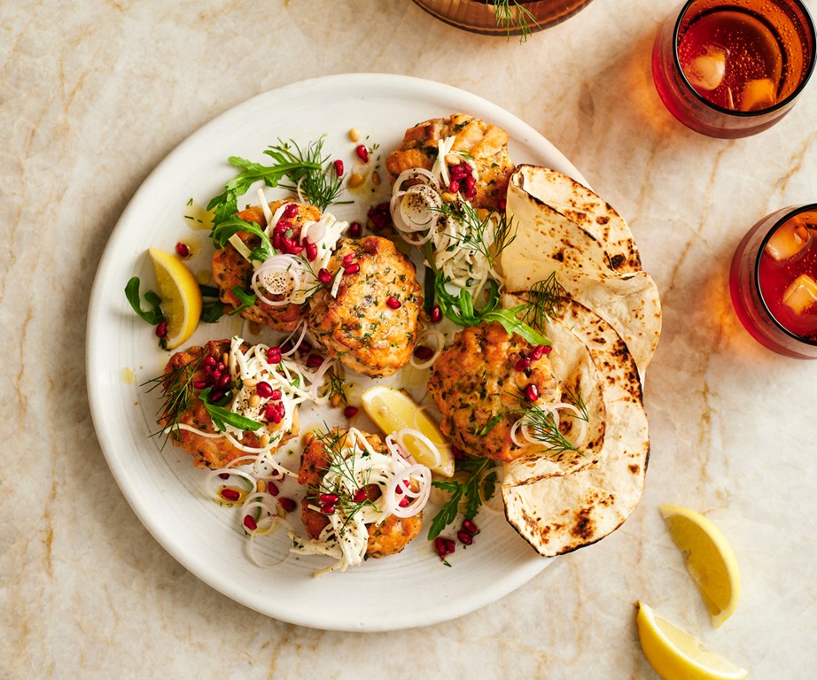 **[Salmon keftedes with winter rémoulade and grilled pita](https://www.gourmettraveller.com.au/recipes/fast-recipes/salmon-keftedes-21082|target="_blank"|rel="nofollow")**