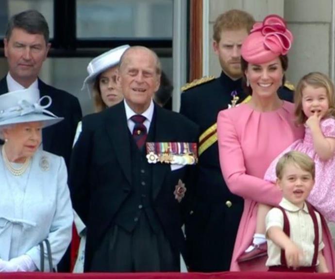 Queen Elizabeth, aka "Gan Gan", and Prince Philip with their great-grandchildren at the [2017 Trooping the Colour.](https://www.nowtolove.com.au/royals/british-royal-family/trooping-the-colour-balcony-38353|target="_blank")
