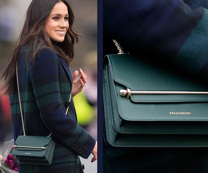 While visiting Edinburgh, Scotland Meghan gave a subtle nod to the country when she wore a gorgeous tartan Burberry coat and a bottle-green leather handbag from local brand Strathberry, which is now sold out. Shop identical (and more affordable) bags [here!](https://www.nowtolove.com.au/fashion/fashion-trends/where-to-buy-meghan-markles-green-strathberry-handbag-45003|target="_blank")