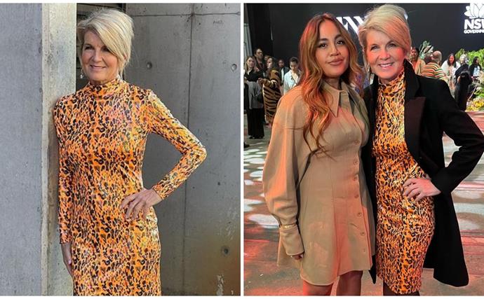Our first lady of Aussie fashion Julie Bishop, 64, goes ultra glam in an orange leopard print dress at Fashion Week