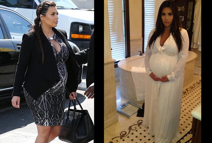 A heavily pregnant Kim the day before her shower and during her shower wearing white.