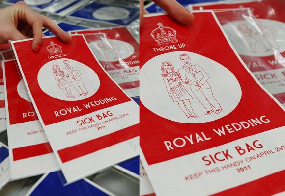 Just in case you are overcome with mushy feelings on April 29, these "Throne Up" royal wedding sick bags will come in handy! Designed by UK artist ** Lydia Leith**. the first round of bags have already sold out!