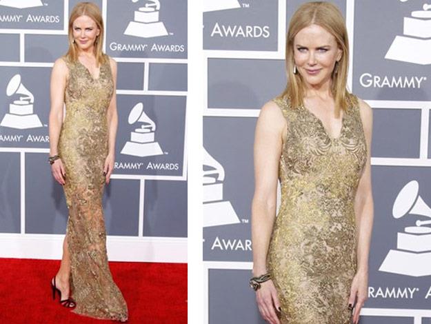 Nicole at the 2013 Grammy Awards wearing a golden Vera Wang gown.