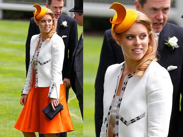 Princess Beatrice wore cream and tangerine, and a hat by Sarah Cant.