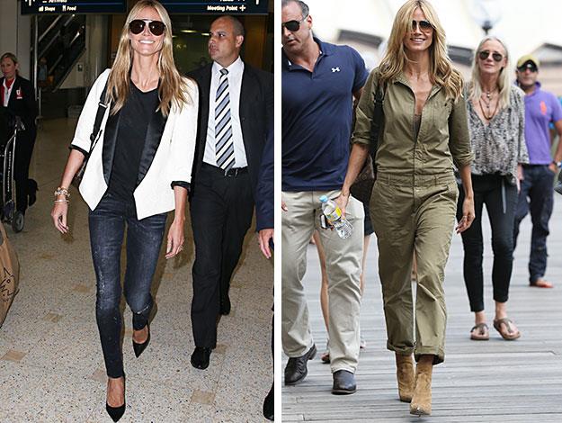 Heidi, looked uber-glam as she first jetted into Sydney (left) before heading out for some sight-seeing time in the city sporting a very 'Top Gun' fashion look!