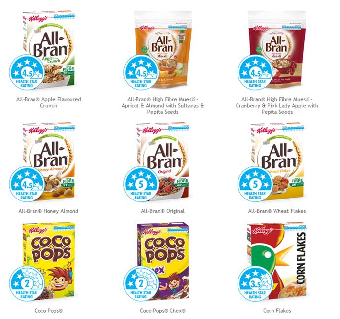 Kellogg's cereal ratings, via [their website](http://www.kelloggs.com.au/en_AU/health-star-rating.html).