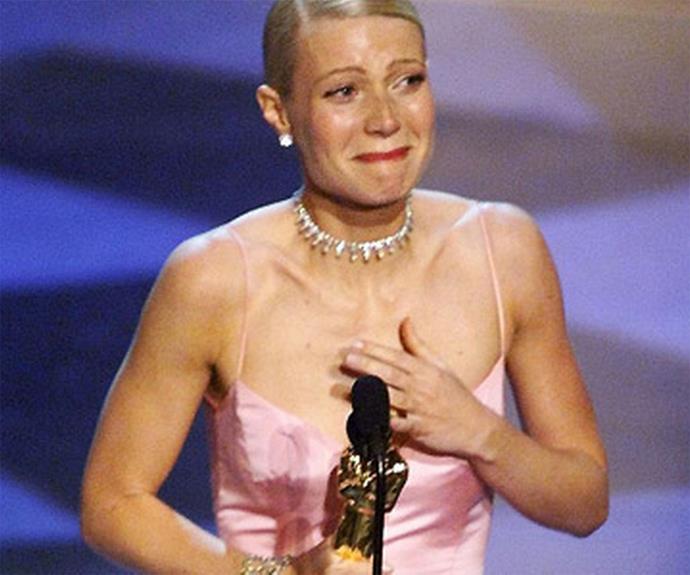 **Cry baby** Gwyneth Paltrow's acceptance speech for *Shakespeare in Love* was short and sweet - because Gwyneth couldn't get the words out. The actress was so teary, her speech had to be cut short.
