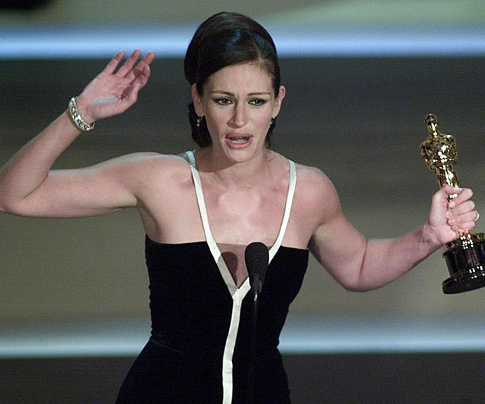 **Thank you, thank you, thank you** An emotional Julia Roberts couldn't hold it back when she won for *Erin Brockovich* in 2001. She thanked in her words "everyone in my life", and jumped up and down in her almost 5 minute speech.