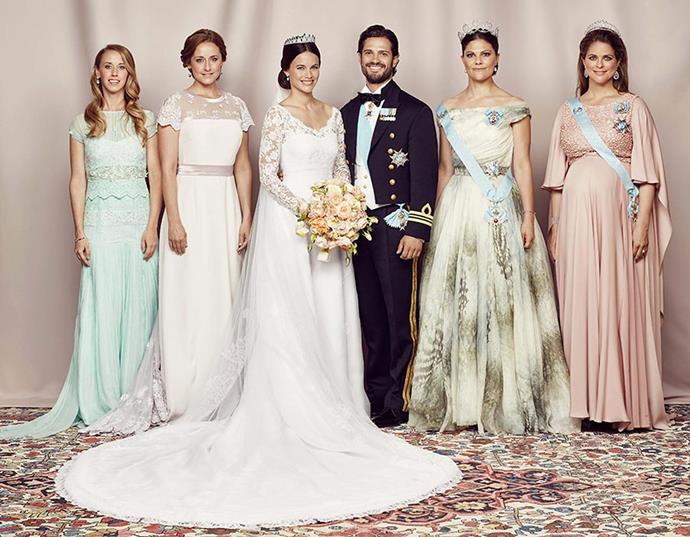 The newlyweds with their siblings: (L-R) Sara Hellqvist, Lina Hellqvist, Crown Princess Victoria and Princess Madeleine. © Mattias Edwall, Kungahuset