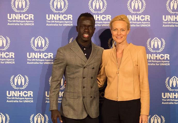 Newly appointed UNCHR Special Representative Marta Dusseldorp with Adelaide United winger and former South Sudanese refugee Awer Mabil.