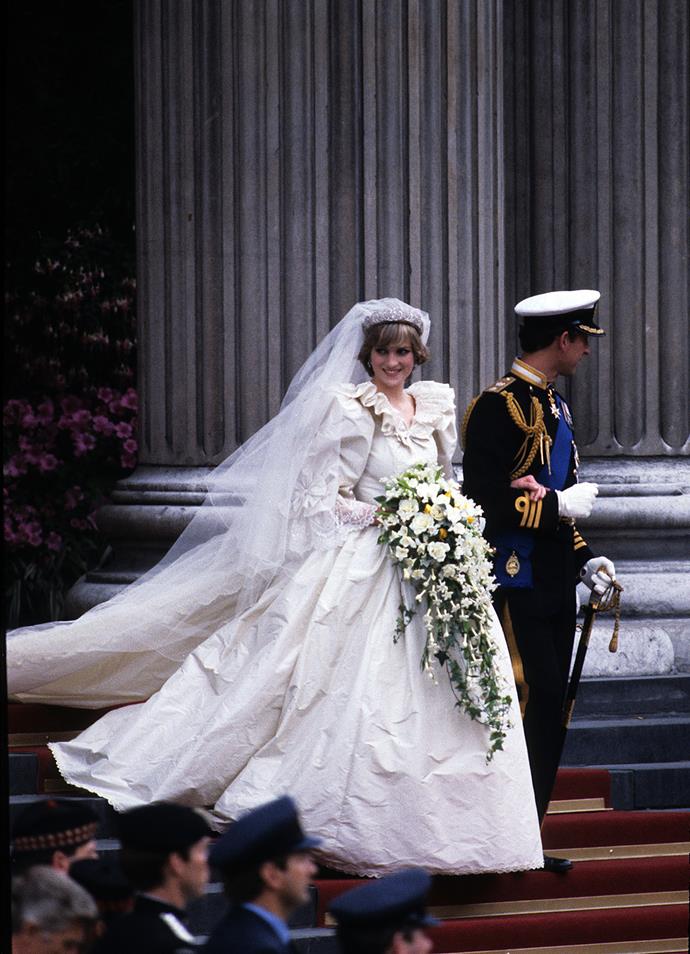 Diana's wedding bouquet was made of cascading shower of ivy and gardenias, roses and lily of the valley.