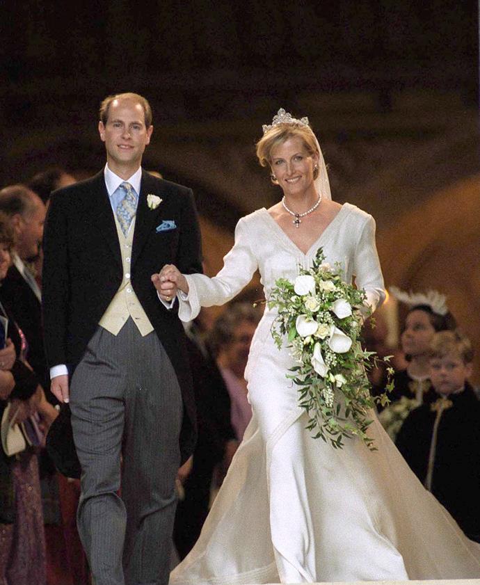 Sophie Rhys-Jones wore a Samantha Shaw organza silk dress with long sleeves for her wedding to Prince Edward. She borrowed a tiara from the Queen for the occasion.