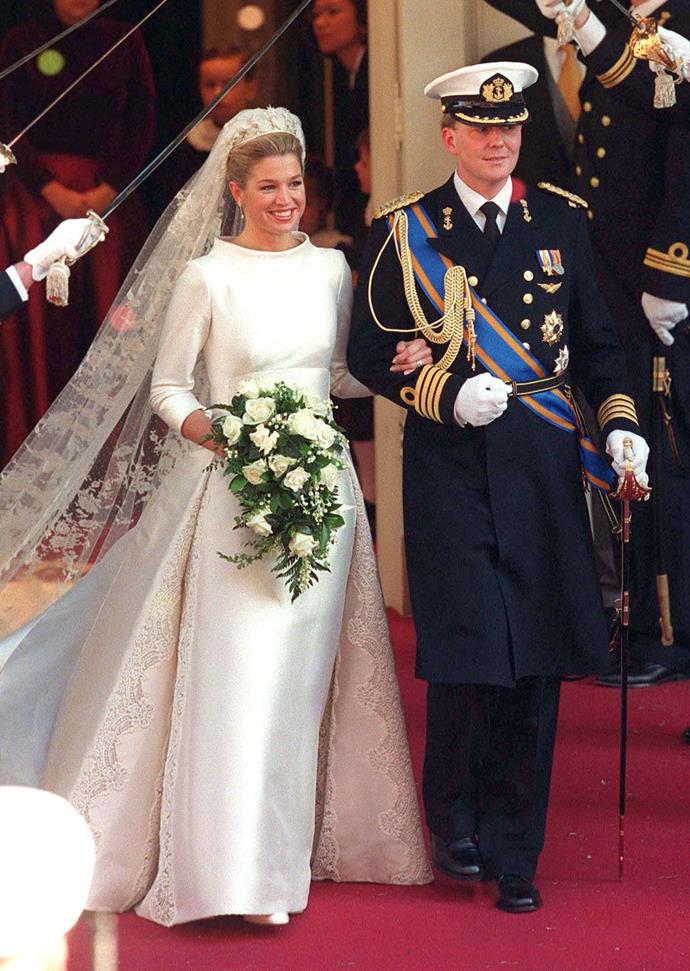 Maxima Zorreguieta Cerruti, later Queen Maxima, wore a structured ivory Valentino gown for her wedding, with the Pearl Button tiara, topped with diamond stars.