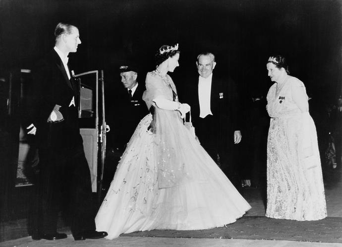 The Queen, accompanied by Prince Philip, is greeted by the Premier of New South Wales Joseph Cahill at a Sydney State Banquet in 1954.