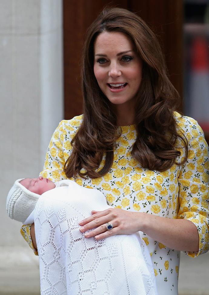 Standing outside the Lindo Wing for a second time with her newborn daughter, Princess Charlotte.