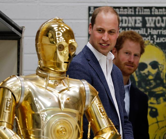 Prince William and Prince Harry during their tour of the Star Wars set at Pinewood Studios.