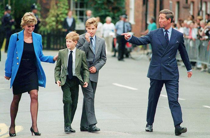 Prince Charles, Princess Diana and their sons, Princes William and Harry arrive at Eton College for William's first day of school on September 1995.