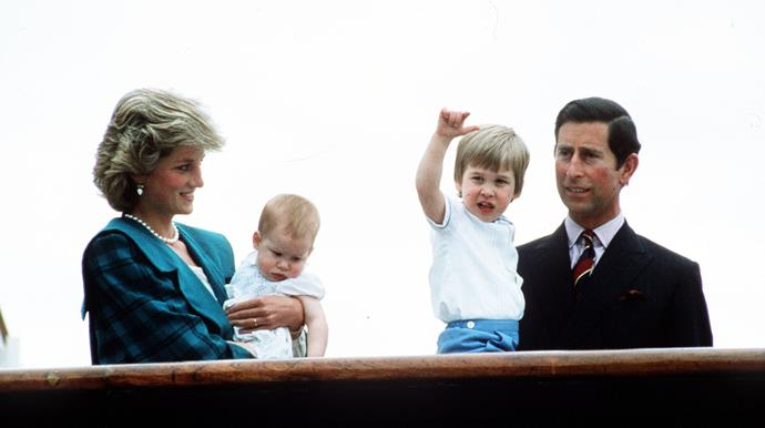 Prince Charles and Princess Diana pose with sons Prince William and Prince Harry on the Royal Yacht Britannia on May 6, 1985 in Venice, Italy.