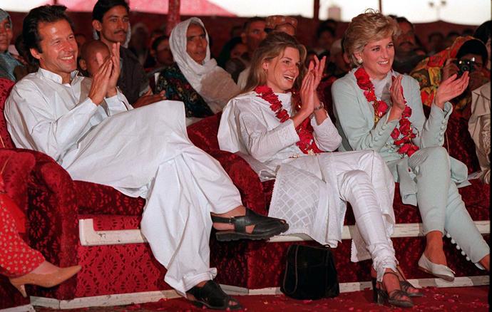 Imran and Jemima Khan sit with Diana, Princess of Wales, during her visit to Pakistan.