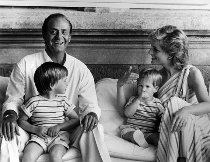 King Juan Carlos 1st of Spain with  Diana, William and Harry during a Spanish holiday in 1986.