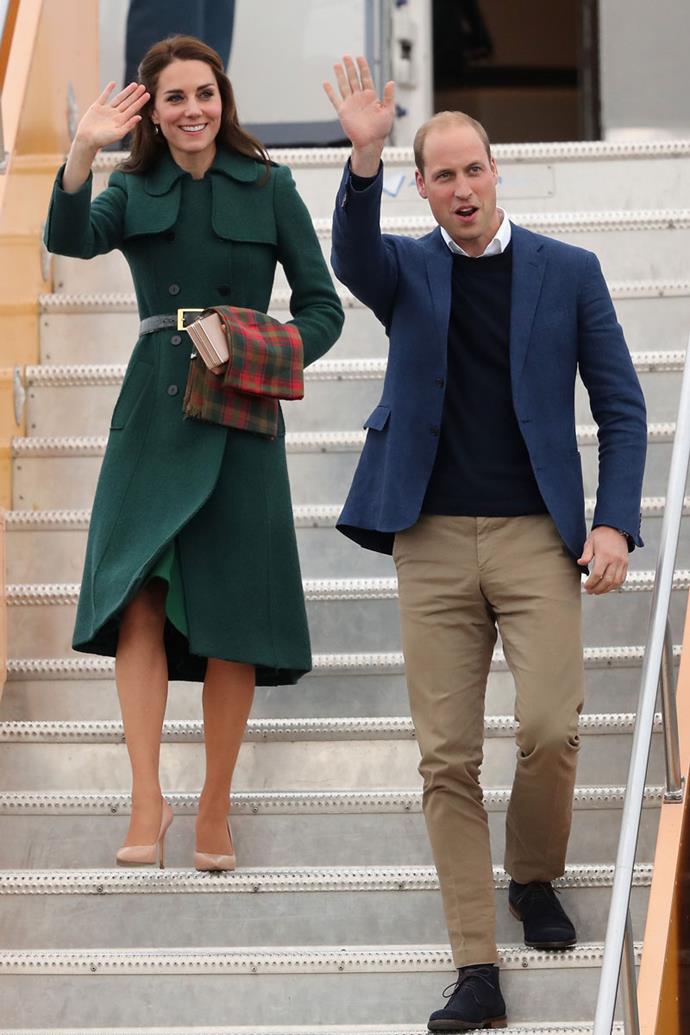 In 2016 Kate donned this $472 coat in Canada with a fresh pair of cream heels and a maple leaf tartan scarf draped casually over arm, paying homage to her host nation.