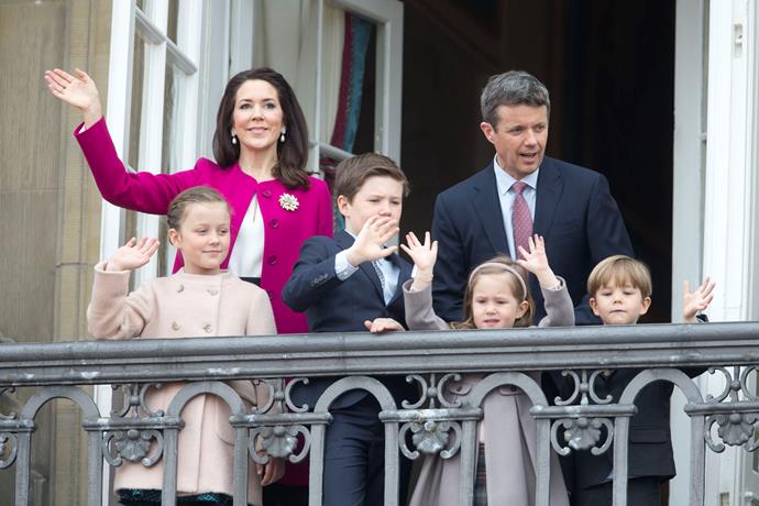 Crown Prince Frederik and Crown Princess Mary of Denmark with their children on the balcony of Amalienborg Palace in 2016.