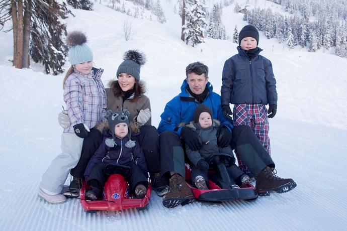 Crown Prince Frederik, Crown Princess Mary of Denmark and their children, Princess Josephine, Princess Isabella, Prince Christian and Prince Vincent pose for photographs on their annual skiing holiday on February 10, 2013 in Verbier, Switzerland.