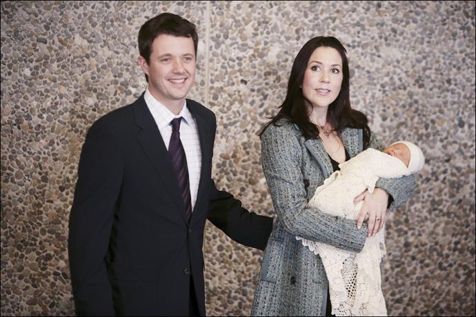 Crown Prince Frederik of Denmark and wife Princess Mary present their then yet to be named son, born in Copenhagen, Denmark on October 18, 2005.