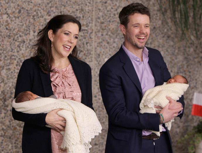 Mary of Denmark and Crown Prince Frederik of Denmark hold their new-born baby twins as they leave the Rigshospitalet on January 14, 2011 in Copenhagen, Denmark.