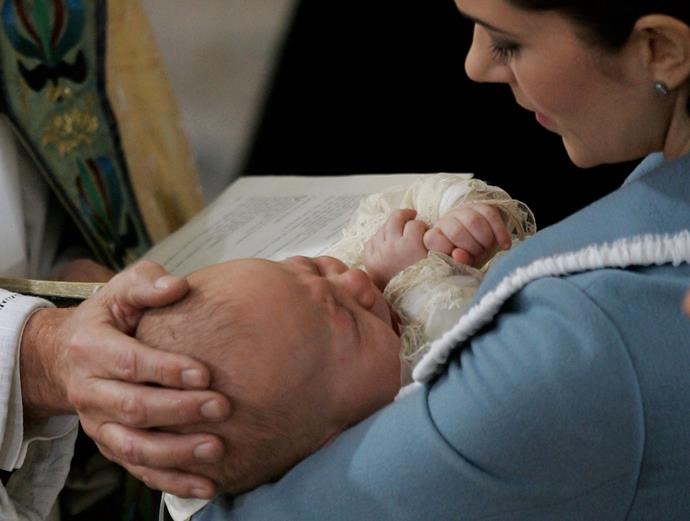 Mary holds son Prince Christian at his christening.