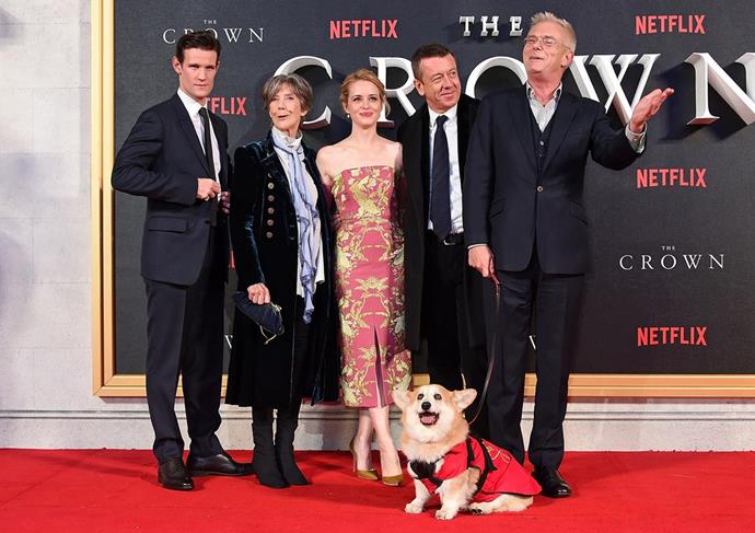The cast of the *Netflix* series take to the red carpet with a corgi in tow.