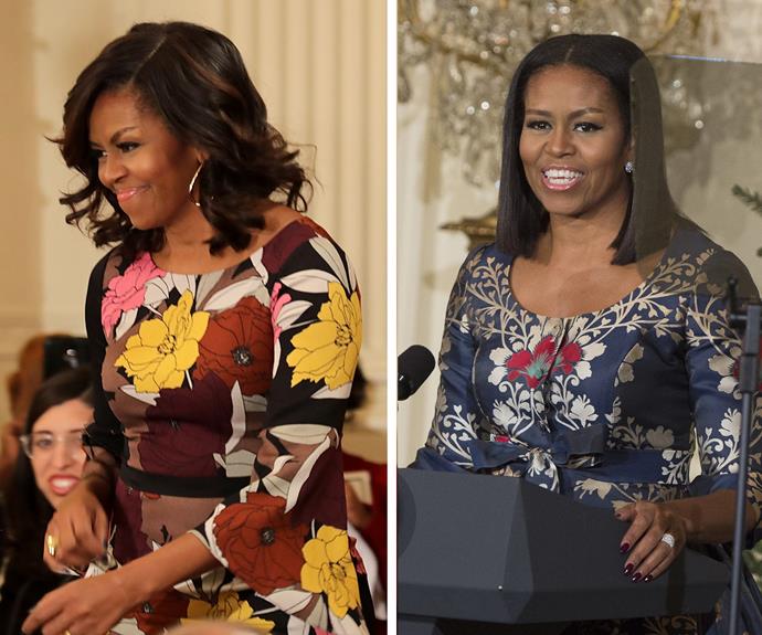 Before and after! The First Lady has done away with the shoulder-length curls (L) and opted for a sleek, long bob.