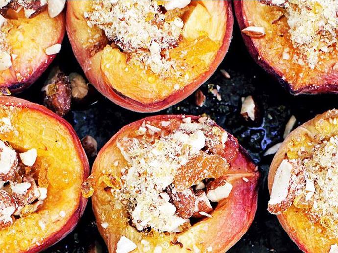 [Honey baked peaches, with almond praline and mascarpone recipe.](http://www.foodtolove.com.au/recipes/honey-baked-peaches-with-almond-praline-and-mascarpone-8548)