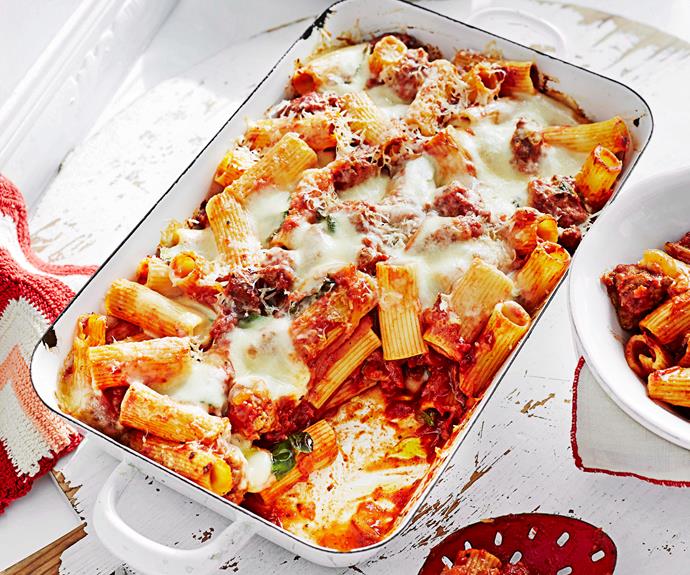 Okay so this [Italian sausage pasta bake](https://www.womensweeklyfood.com.au/recipes/italian-sausage-pasta-bake-25723|target="_blank") might not technically be a casserole, but when it comes to a hearty, delicious feed that makes use of economical sausages we feel it's in the same family!