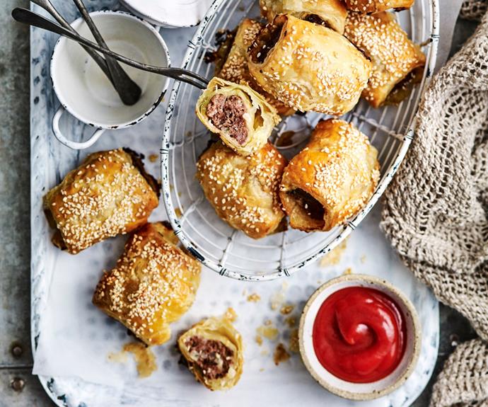 [Sausage rolls](https://www.womensweeklyfood.com.au/recipes/sausage-rolls-4262|target="_blank")

The perennial party favourite! Sausage rolls taste *so* much better homemade, so what are you waiting for? From start to finish, you'll need 10 ingredients and you can decide whether to make hearty portions, like the ones pictured, or smaller party-sized ones. Whatever you decide, serve with tomato sauce (obviously).