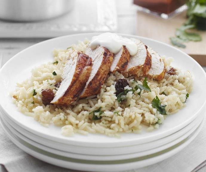 **[Grilled paprika chicken with raisin pilaf](https://www.womensweeklyfood.com.au/recipes/grilled-paprika-chicken-with-raisin-pilaf-4156|target="_blank"|rel="nofollow")**
<br><br>
Sweet raisins lend this paprika chicken and rice dish a Moroccan-inspired twist that will have guests begging for more. Ready in less than an hour, it can be enjoyed hot or as a cold salad the next day.
<br><br>
*Brought to you by [Sunbeam](https://www.sunbeamfoods.com.au/sunbeam-australian-raisins/|target="_blank"|rel="nofollow")*
